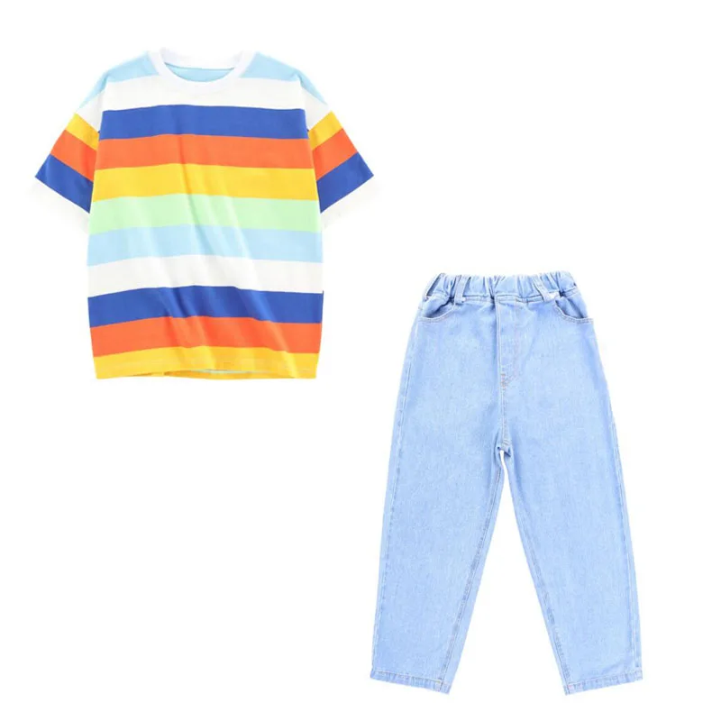 2 pieces set Детский комплект одежды для джазовых танцев, рубашка в радужную полоску для мальчиков и девочек, джинсовые штаны, танцевальные костюмы в стиле хип-хоп для улицы 6, 8, 10, 12, 14, 16 лет - Цвет: 2 pieces set