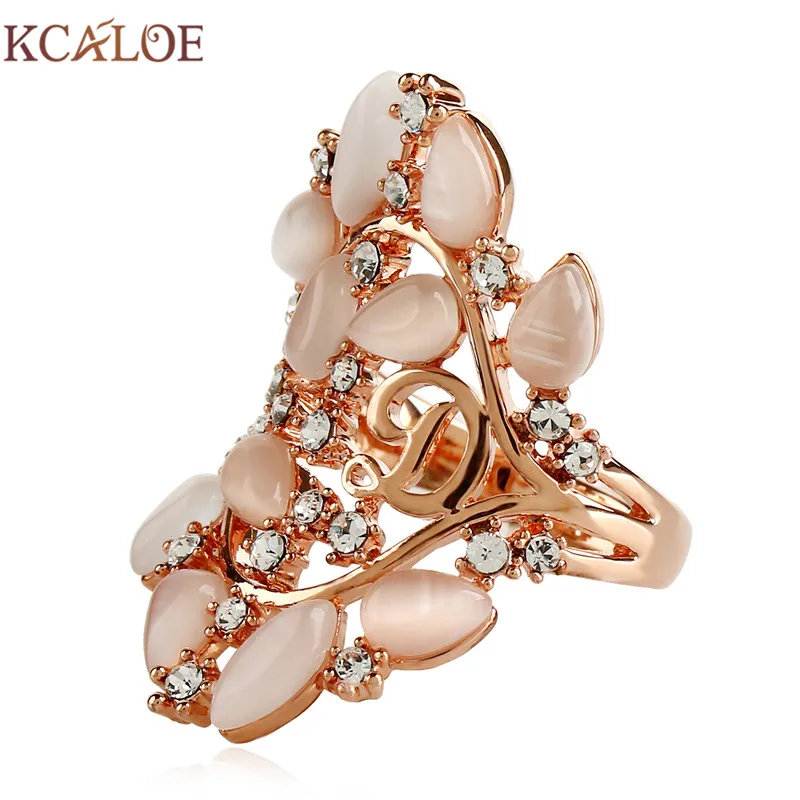 rose gold color KCALOE Опал Обручальные кольца для женщин Мода Буква D Кристалл Стразы натуральный камень полые длинное кольцо Свадебные украшения - Цвет основного камня: rose gold color