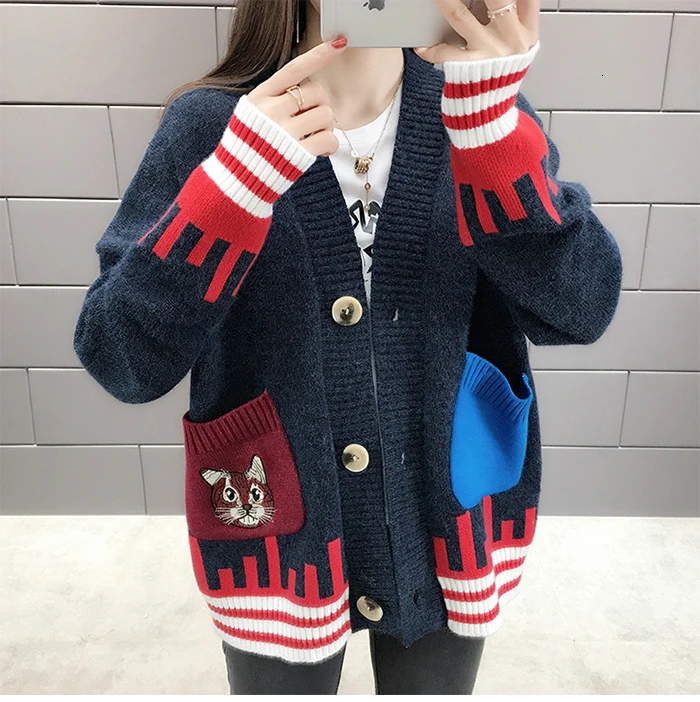 PEONFLY Kawaii вышивка мультяшного кота Свободная трикотажная куртка Женский кардиган осень зима длинный рукав женский свитер-кардиган