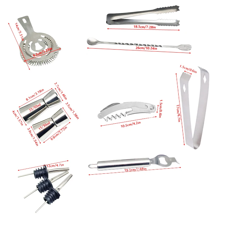 Stainless Steel Cocktail Shaker Bar Tool With Strainer Pourer Spouts Mixing Spoon Channle Knife Ice Tongs Measuring Cup