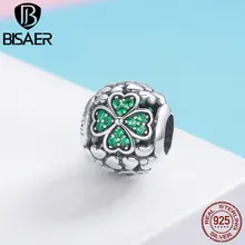 BISAER, 925 пробы, серебряные, зеленые листья Хоуп, трилистник, клевер, очаровательные бусины, подходят для рукоделия, Стерлинговое Серебро, 925, для изготовления ювелирных изделий ECC964