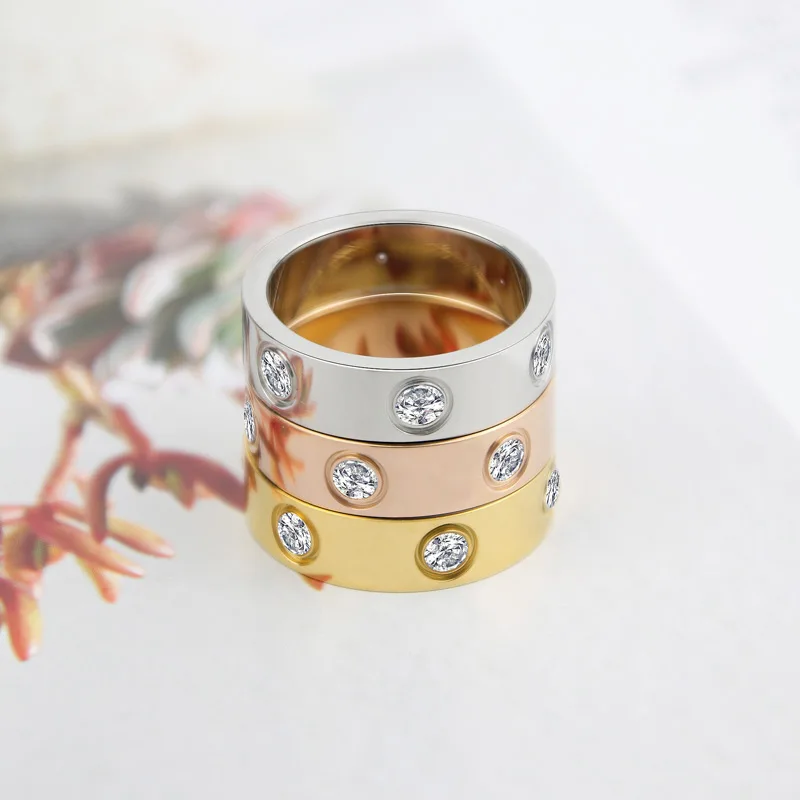 Luxury Shiny Crystal Love Ring Stainless Steel High Quality Gold