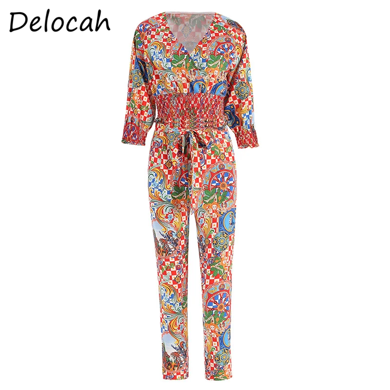 

Delocah Spring Summer Women Set Runway Fashion Designer Lantern Sleeve Vintage Printed Slim Modern Long Pants Two Pieces Suits