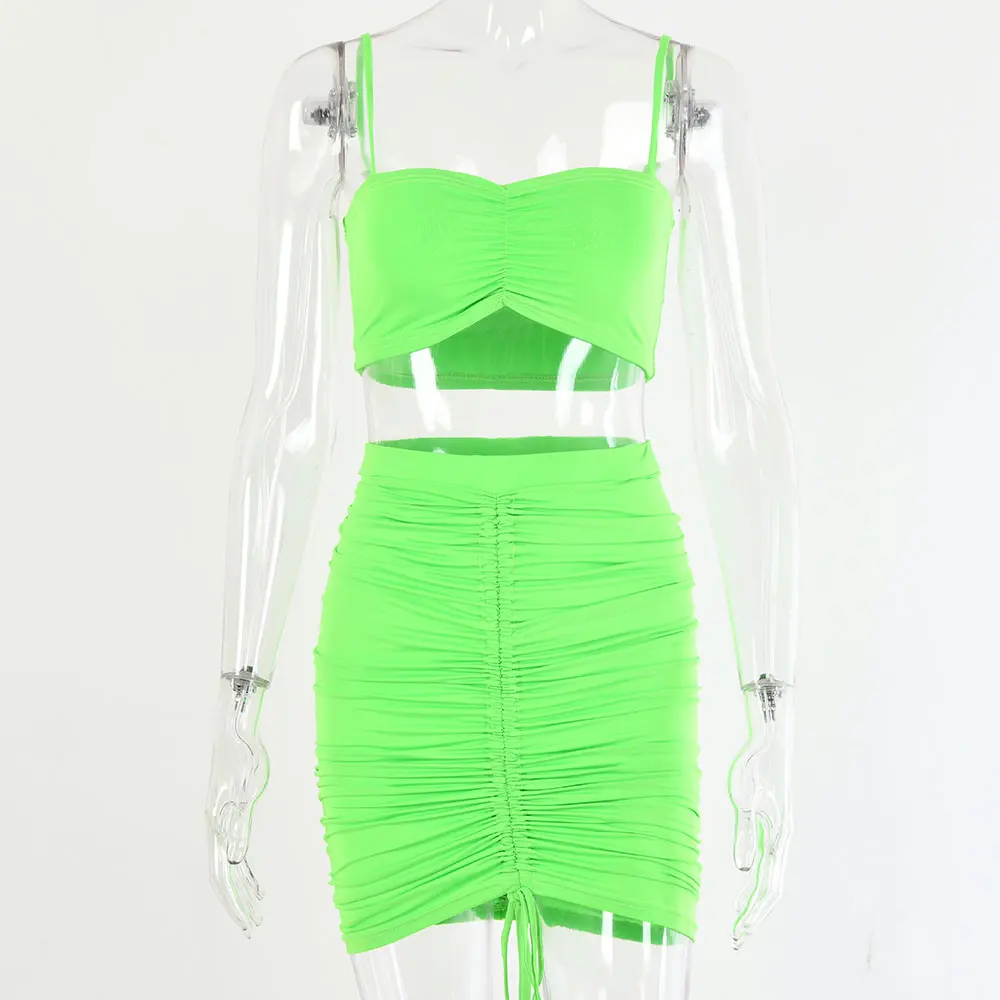 Fluorescent green Женский комплект из двух предметов Fantoye, облегающее платье-комплект без рукавов, с кулиской, со складками, для вечеринок и ночного клуба, для ношения осенью и зимой - Цвет: Fluorescent green