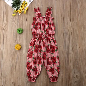 

Toddler Infant Kids Children Baby Playsuit Girl Romper Striped Rose Floral Summer Sleeveless Red Jumpsuit Cotton Clothing