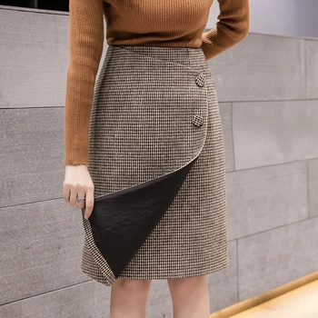 

Retro Female Hight Waist Asymmetry Woolen Midi Skirt 2019 New Winter Plaid Wrap Skirts Womens Vintage Fashion Jupe Longue Femme