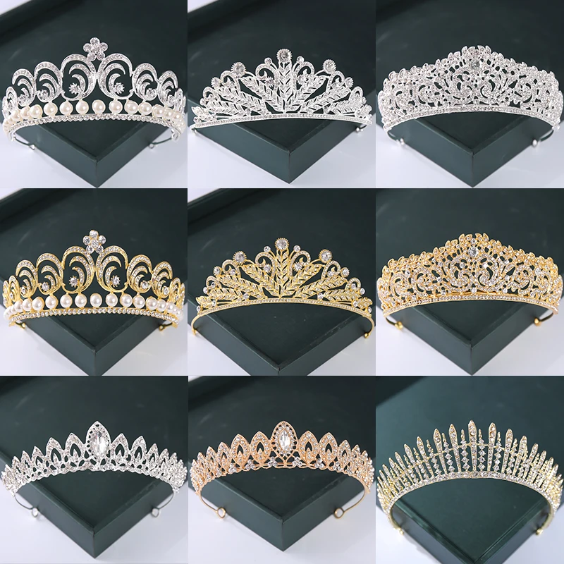 Trendy Gold Silver Color Crystal Tiara And Crowns Pearl Queen Princess Wedding Diadem Women Bridal Hair Accessories jewelry accessories hair accessory hair headdress bridal headwear hair band crown