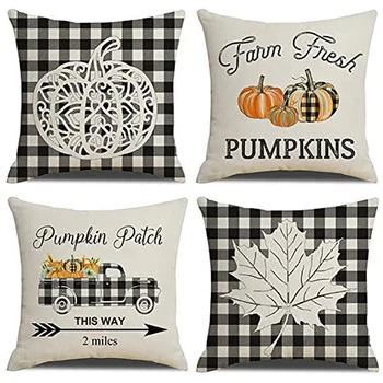 

4 PC Fall Decorative Pillow Covers Buffalo Plaids Farm Fresh Truck Farmhouse Decor Cotton Linen Pillowcase