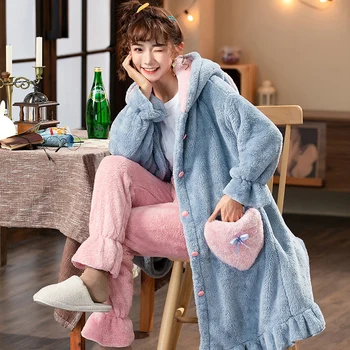 

Winter Pajamas Plush Women Sleepwear Robe Thermal Pantsuit Plus Size Fashion Home Wear Add Fleece and Thicken Nightgown