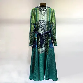 

Luxury Top Quality Silk Dresses Women 2020 Spring Animals Placing Print Long Sleeve Elegant Green Vintage Designer Dress