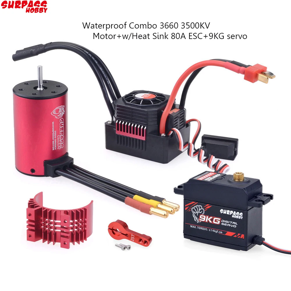 

SURPASSHOBBY KK Waterproof Combo 3660 5.0mm 3500KV Brushless Motor w/Heat Sink 80A ESC 9KG Digital Metal Gear Servo for RC Car