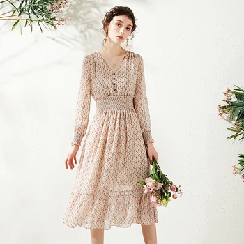 

Prairie Chic Print Chiffon Dresses Elegant Fashion V-neck Long Sleeve Ruffles High Waist Spring Summer Women Long A-line Dress