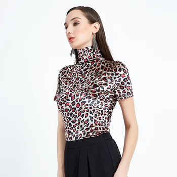 

Spring Office Ladies Solid Slim Fit Sexy Tee Short Sleeve T-shirt Women Leopord Pattern High Collar Tops Gold Velvet Lady Dress