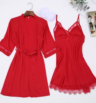 

Women's Pajamas Robe Sexy Satin Robe Casual Robe and Pajamas Set Underwear Women's Kimono Bathrobe Dress Hot sale Lace Pajamas
