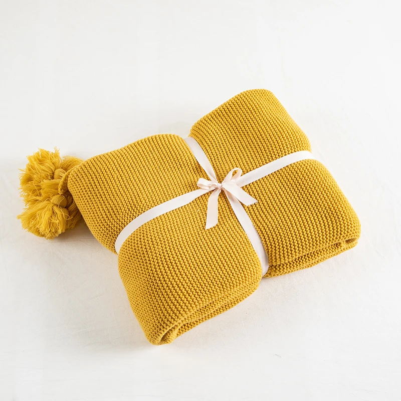 Yellow Blanket Sofa Knit Throw Blanket Solid Soft PomPom Tassels Blanket Travel 130x160cm Home Sofa Chair Couch Bed 50"x62"