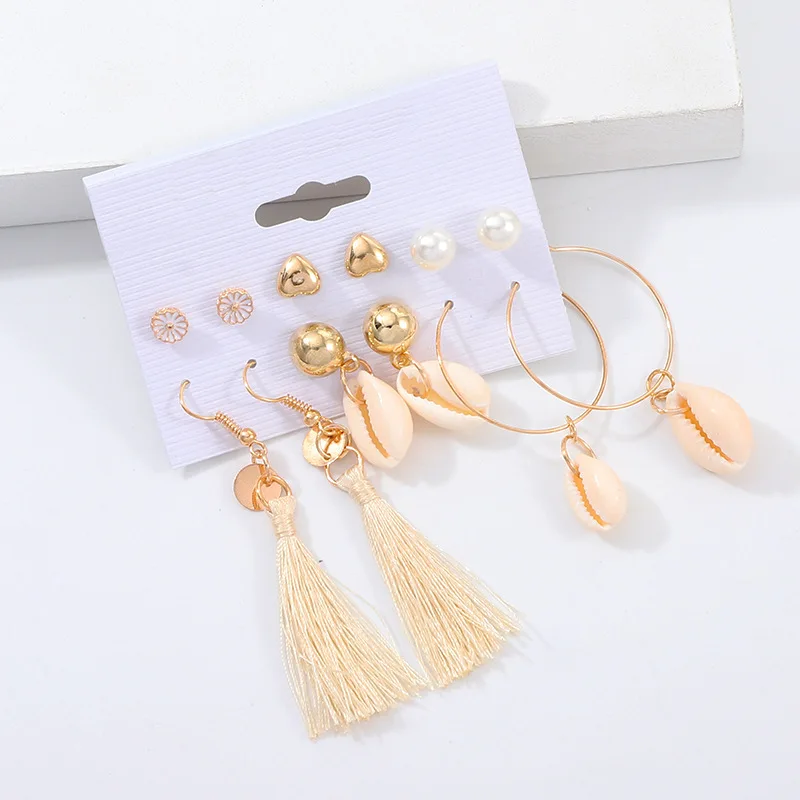 

EZ2034 Europe And America Cross Border New Style Ear Rings Fashion Creative-Tassels Shell Earrings Earings Set Wholesale