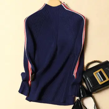

half Turtleneck Women Sweater 2020 Autumn Winter Elastic Knitted Striped Slim Pullovers Top