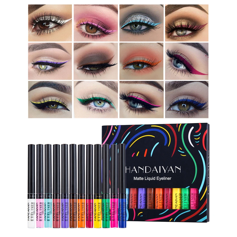 Set Pena Eyeliner Cair 12 Warna Kosmetik Eye Liner Berwarna Matte Tahan Lama Tahan Air Kit