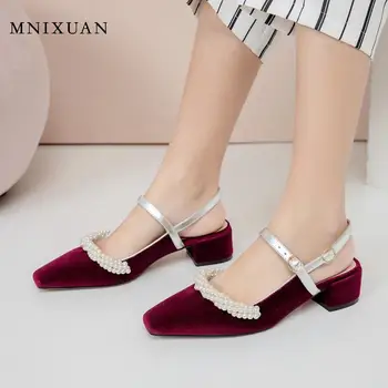 

Handmade shoes woman sandals medium heel closed toe 2020 summer new suede pearls buckle ladies party chunky heels plus size 33