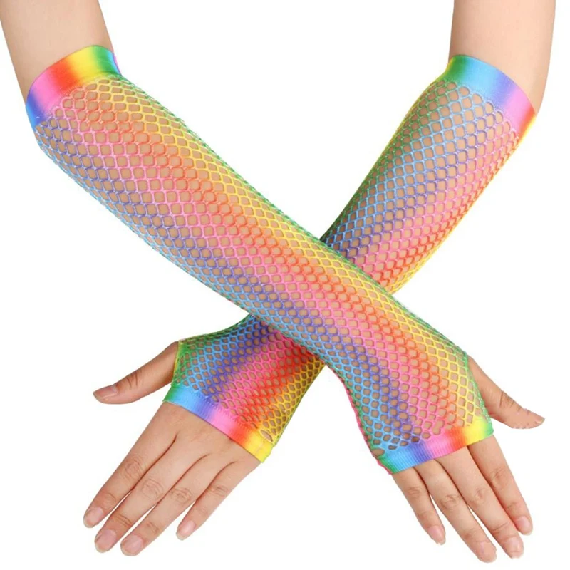

Womens Girls Hollow Out Holes Gloves Rainbow Printed Fingerless Mesh Net Fishnet