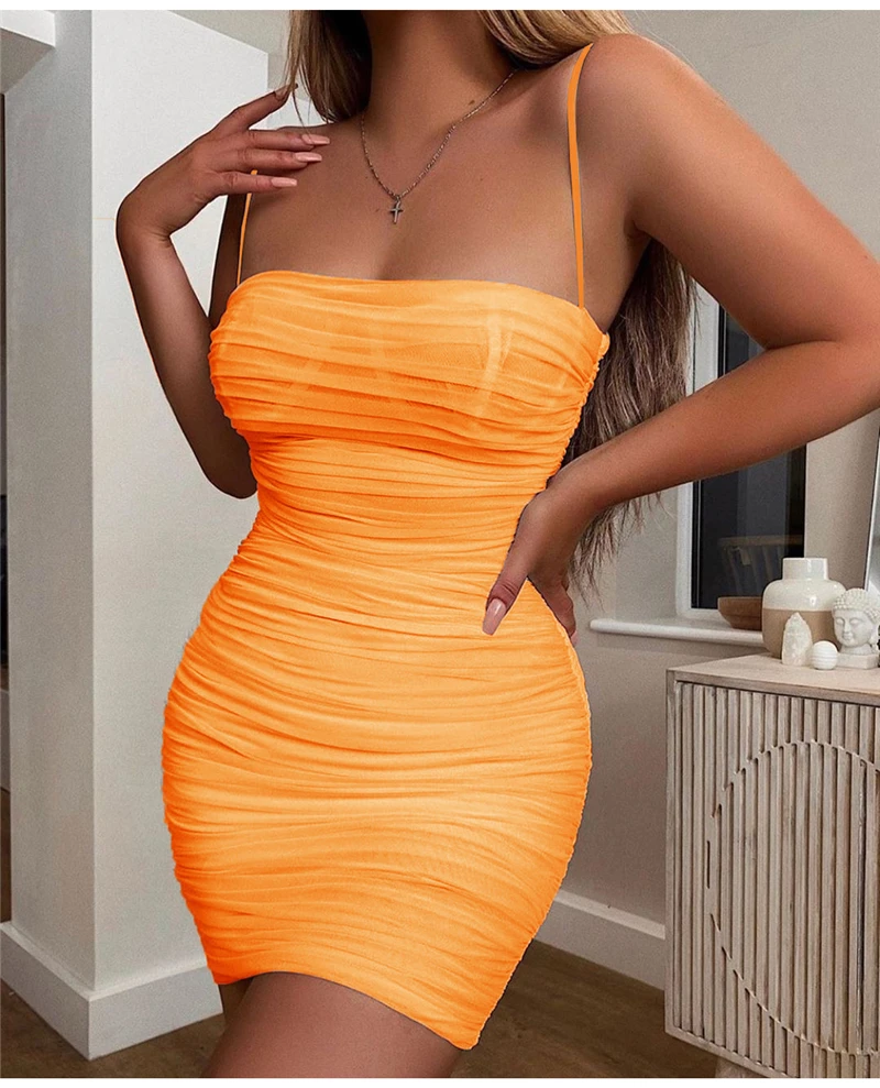 Colysmo Двухслойное Сетчатое платье, летнее женское облегающее платье, элегантное женское платье на день рождения, одежда для вечеринки, сексуальное оранжевое платье с рюшами