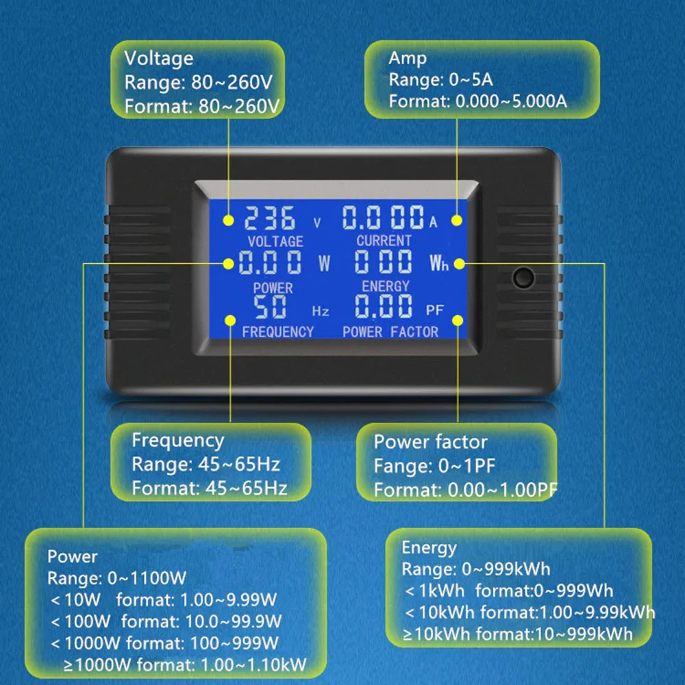 Цифровой вольтметр Амперметр 6 параметров дисплей мини мощность энергии тестер частоты переменного тока 80-260 В 5A 10A 100A с функцией подсветки