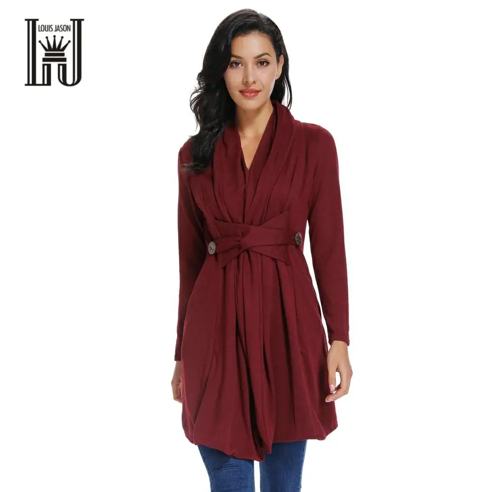 

LOUIS JASON New Women's Casual Long Coat Autumn Winter Vintage Solid Waisted Button Decorate Long Coat And Dress Elegant Women