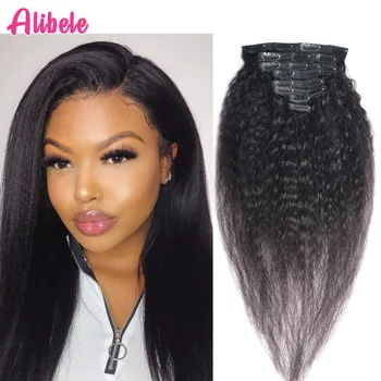 

Alibele Kinky Straight Clip In Human Hair Extensions 120G/Set Brazilian Remy Yaki Straight Human Hair Extensions 10-24" Clip Ins