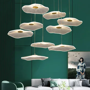 

FKL Nordic LED Chandelier Lotus Leaf Shape Lights Can Remote Control Dimming Long Villa Staircase Living room Hotel Chandelier