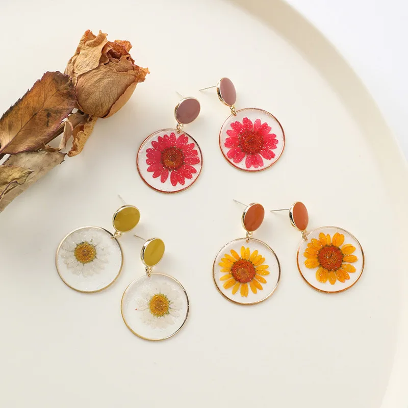 

Summer Holiday Vacation Style Transparent Glass Dried Flower Pendant Earrings Flower Jewelry Wedding Party Women's Earrings