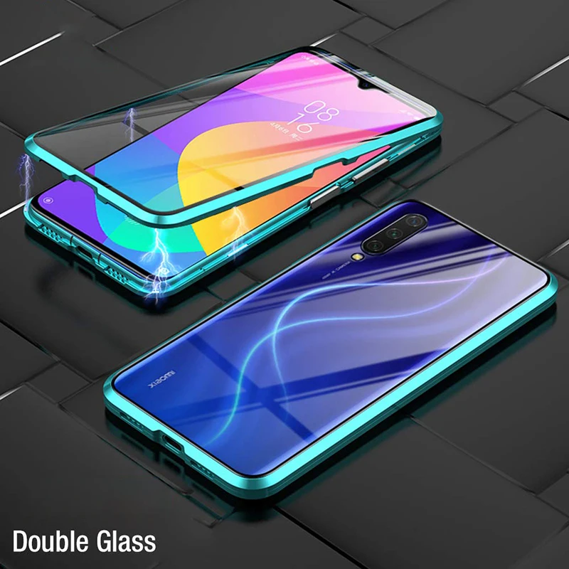 Металлический магнитный адсорбционный флип-чехол для Xiaomi mi CC9 CC9E, двухсторонний чехол из закаленного стекла для телефона, чехол на магните mi CC9 E, прозрачная сумка - Цвет: Green Double Glass