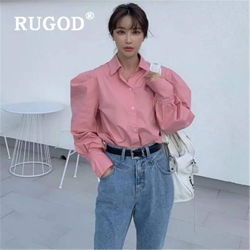 RUGOD розовая блузка Для женщин с пышными рукавами блузки для малышек с длинным рукавом Элегантная однотонная обувь для вечеринок; элегантная топ в Корейском стиле Модные Костюмы женские рубашки Повседневное Simplee