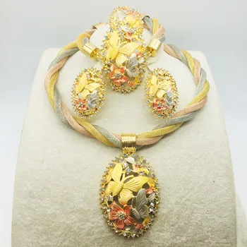 

Rose Gold Color Crystal Necklace Earring Bracelet Ring Set Rhinestone New Simple Party Dress Jewelry Sets For Women