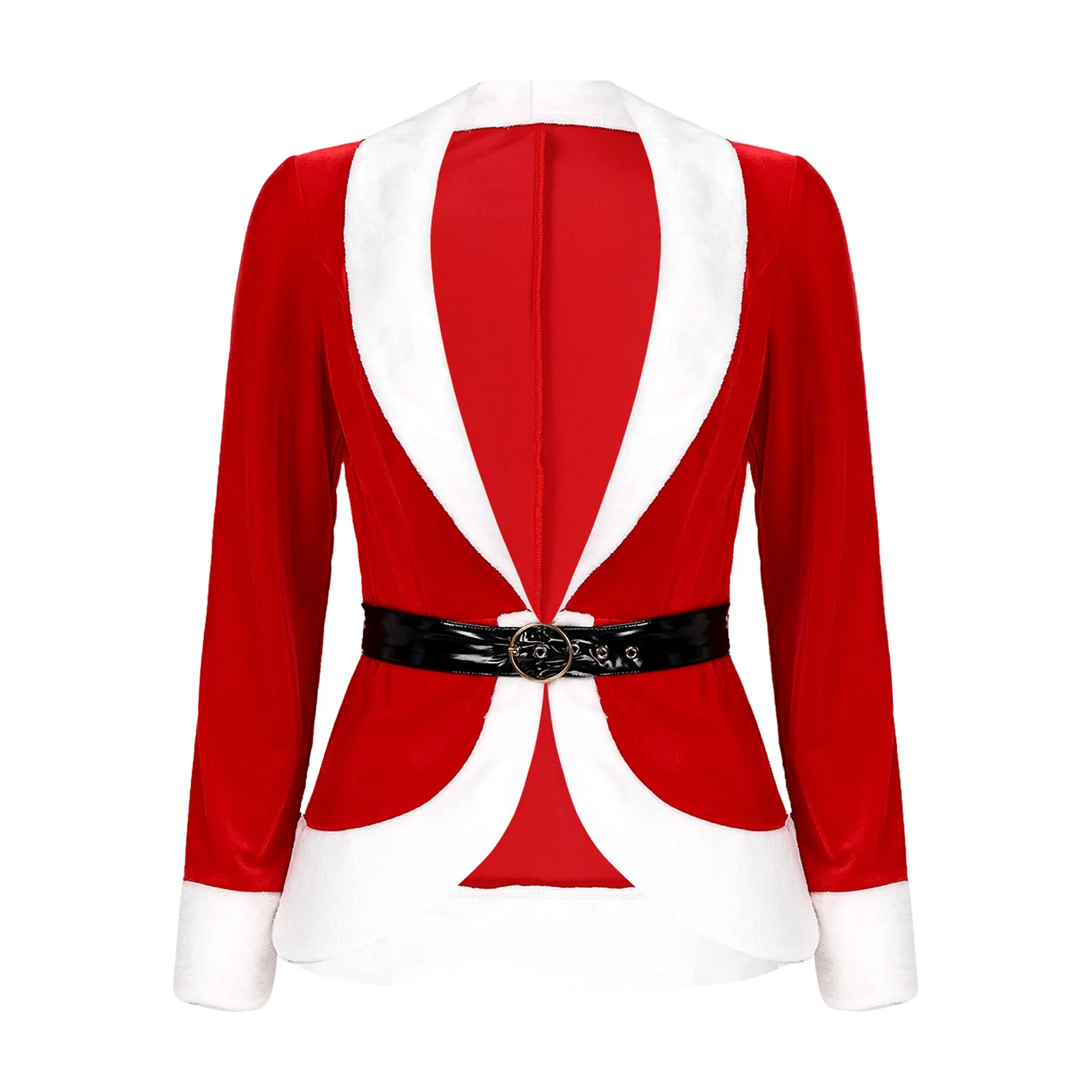 thumbnail image 1 of Chaqueta de disfraz de Navidad de Papá Noel para mujer, chaqueta de manga larga con retazos y cierre de cinturón, Tops para ropa de Año Nuevo, encogimiento de hombros navideño, 1 of 4