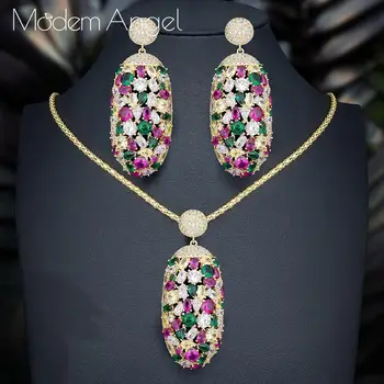 

ModemAngel Elegant Multi-color Statement Copper Cubic Zirconia Pendant NECKLACE EARRINGS For Dubai Women High Quality Jewelry