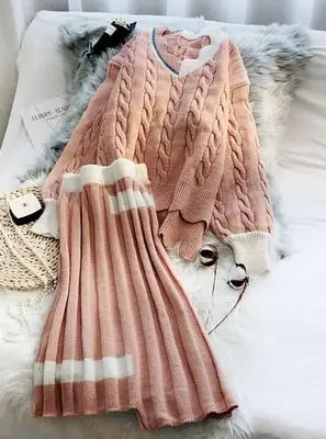 Pink Женские зимние теплые комплекты из 2 частей юбок с v-образным вырезом и рукавами-фонариками, вязаные свитера и плиссированные свободные юбки элегантные женские костюмы - Цвет: Pink