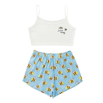 

Fresh Little Bee Print Exposed Navel Top and Elastic Waist Shorts Women’s Pajama Sets Camisole Shorts Two Piece Set