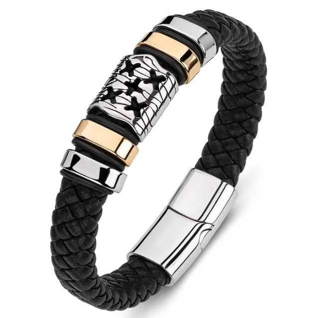 Classic Black Leather Wrap Bracelet for Men Metal Magnetic Clasp Fashion Bangle Bracelet Birthday Gift A10233-Gold-23cm
