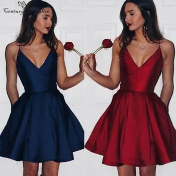 

Short Cocktail Dresses Party Gowns 2020 With Pockets Spaghetti Straps Open Back Satin Mini Prom Dresses Graduation Gowns Cheap
