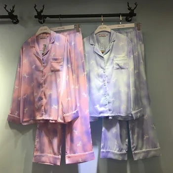 

Spring New Dream Pony Nightie for Women Unicorn Silky Simulation Silk Pajamas Suit Long-sleeved Trousers Home Clothes Women