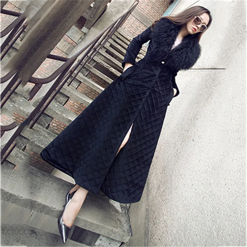 Женская длинная парка с меховым воротником, пальто, темперамент, S-2XL, большие размеры, черный, бежевый цвет, Модная тонкая куртка, feminina JD552 - Цвет: Black