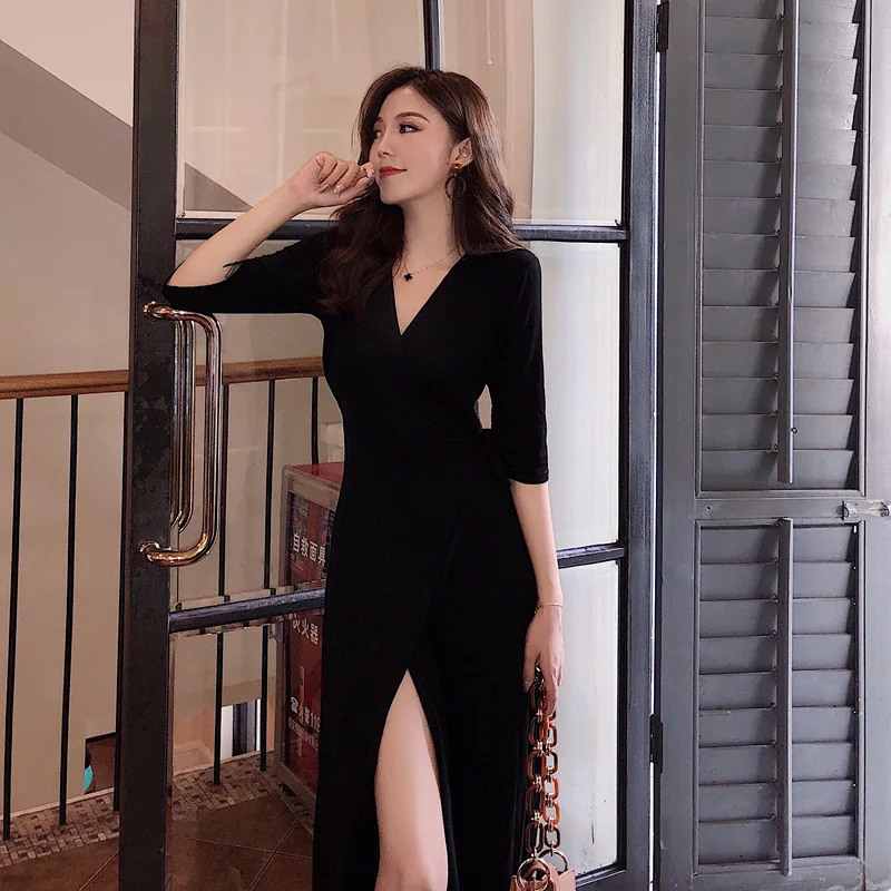 

Photo Shoot Autumn WOMEN'S Dress Elegant-Mid-length V-neck Slit Solid Slim Dress