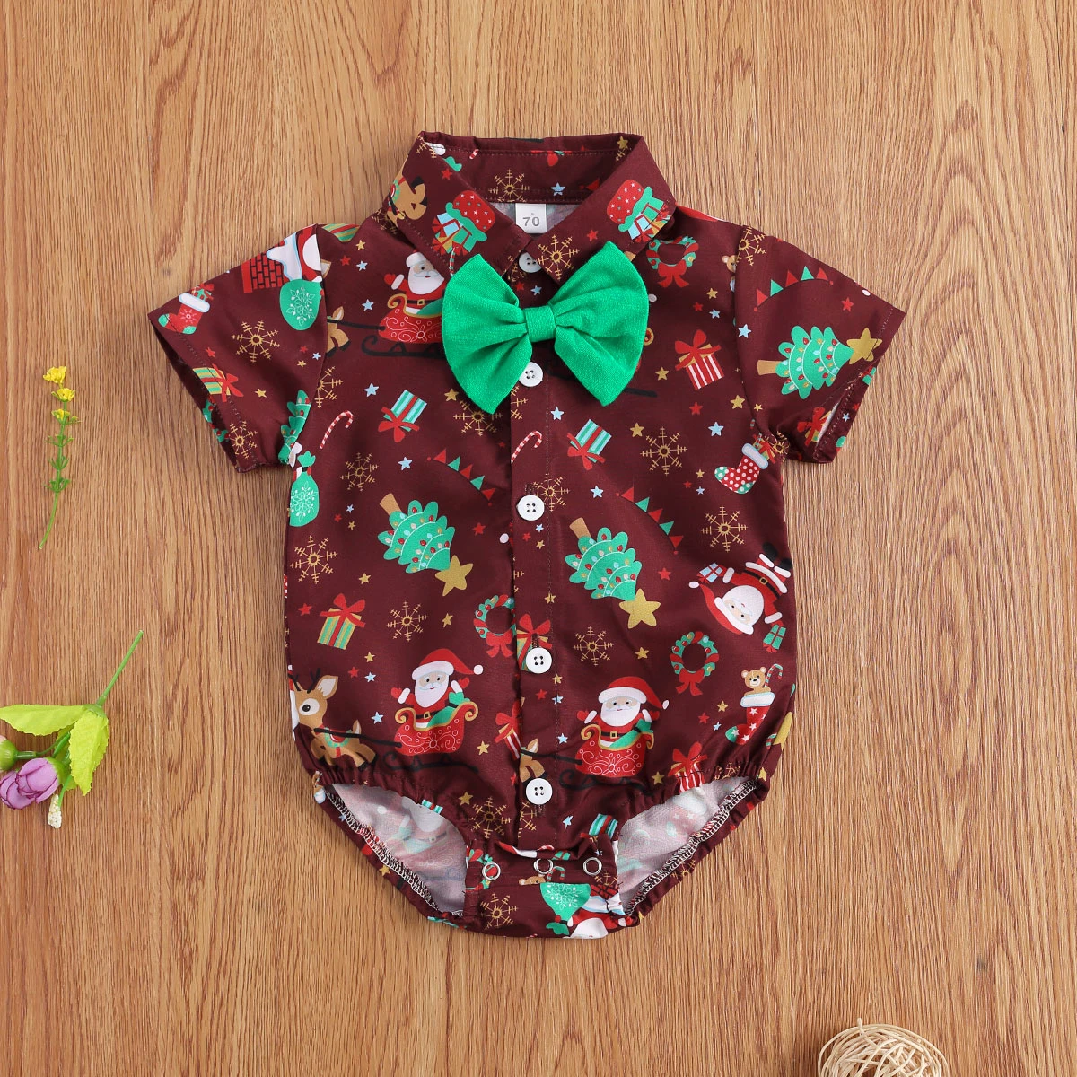 

Emmababy Newborn Baby Boy Clothes Christmas Short Sleeve Bow-tie Cartoon Pattern Romper One-Piece Outfit Cotton Clothes