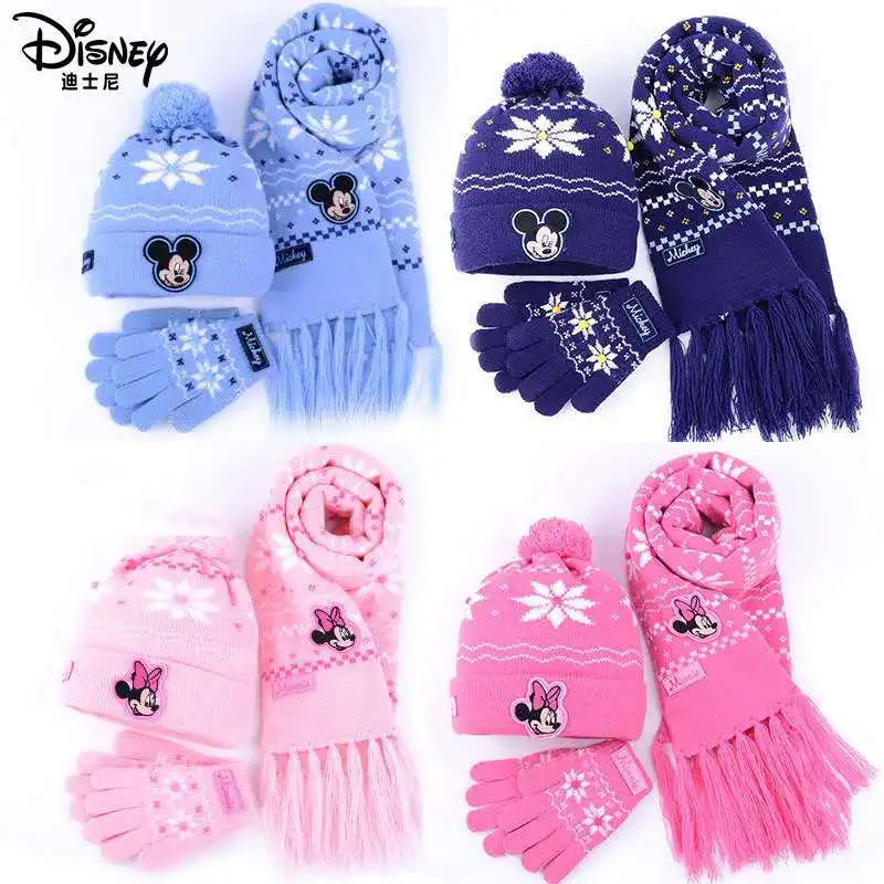 

Disney Mickey Frozen children 3pcs hat scraf gloves Autumn and winter thickening warm knitted suitable 3-10 years girl student