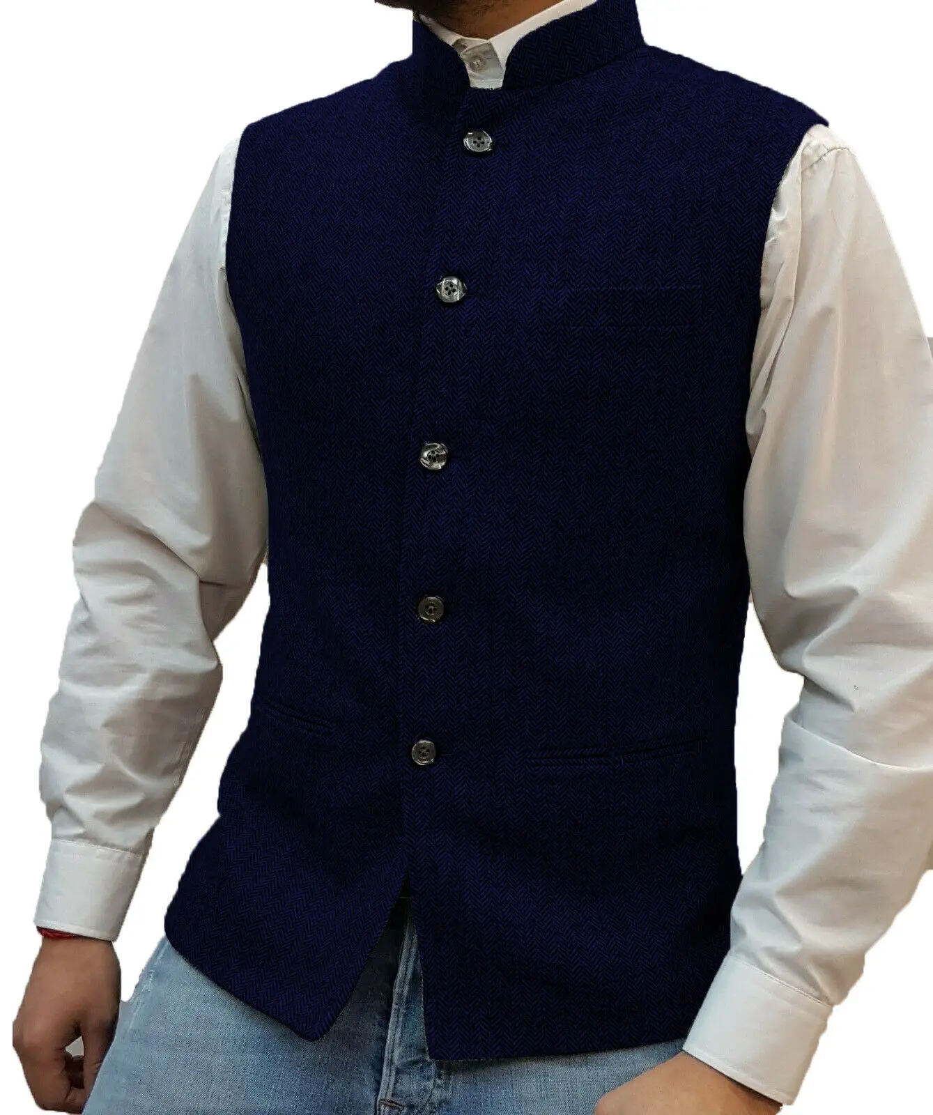 Men's Vest Stand-up Collar Herringbone Suit Vest Steampunk Style Wedding Groom Waistcoat 5
