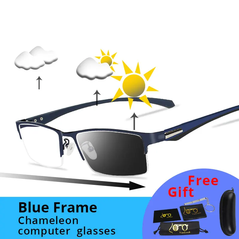 Фотохромные очки Хамелеон Линзы Близорукость Blue Light Blocking Мужские компьютерные очки Игра на прицел-0,50-0,75-175-5,5-6 - Цвет оправы: Blue 0.00