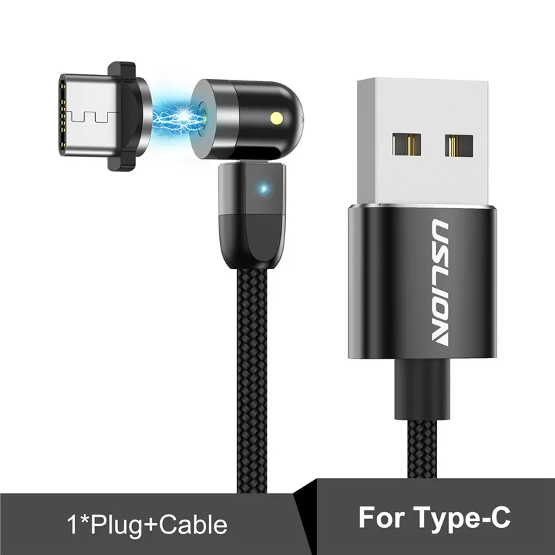 Магнитный usb-кабель USLION, кабель для быстрой зарядки типа C, Магнитный зарядный кабель Micro USB для мобильного телефона, USB шнур, новинка, вращение на 360 °+ 180 ° - Цвет: For Type C Black