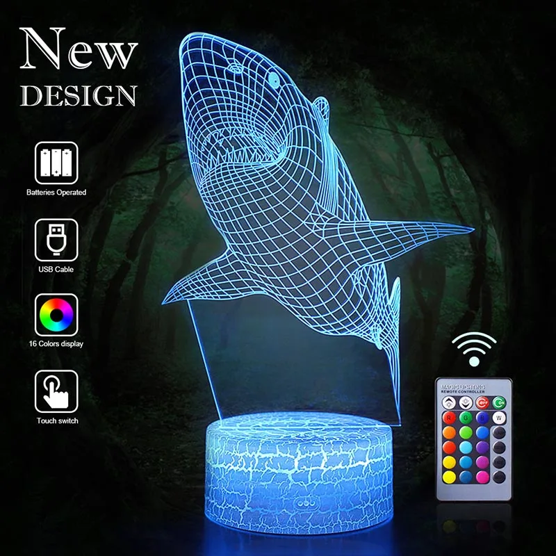 3D Акула светодиодный ночник Сова Орел настольная лампа фонарь мультфильм 16 цветов Иллюзия люминация Лава лама Декор детские очки-детский подарок на Рождество