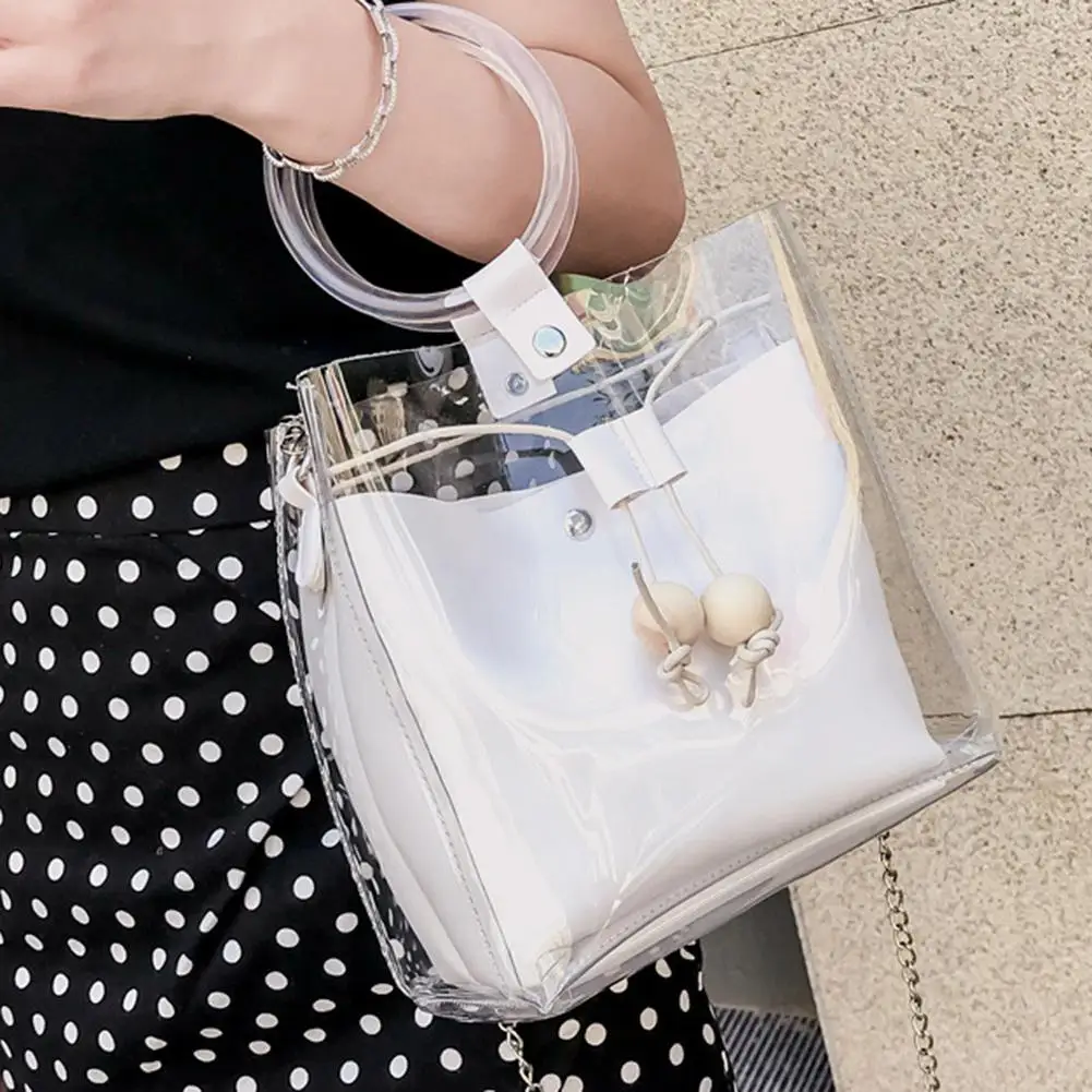 

Korean Fashion Women Jelly Handbag PVC PU Chain Shoulder Bag Clear Transparent Summer Beach Tote Crossbody Messenger Bucket Bags