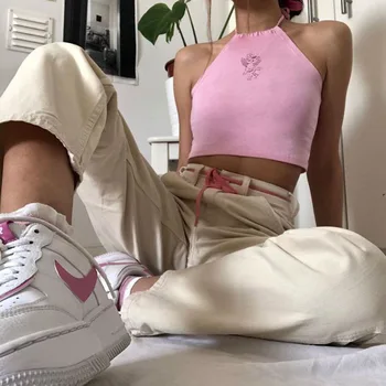 

Artsu Cute Pink Halter Camis Tops Women Summer Angel Printed Sleeveless Spaghetti Strap Top Pink Sweat Crop Tops Tees AS41138